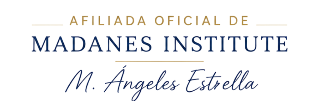 Official affiliate badge for Madanes Institute, featuring blue uppercase 'MADANES INSTITUTE' and gold accents with the script name 'M. Ángeles Estrella'.