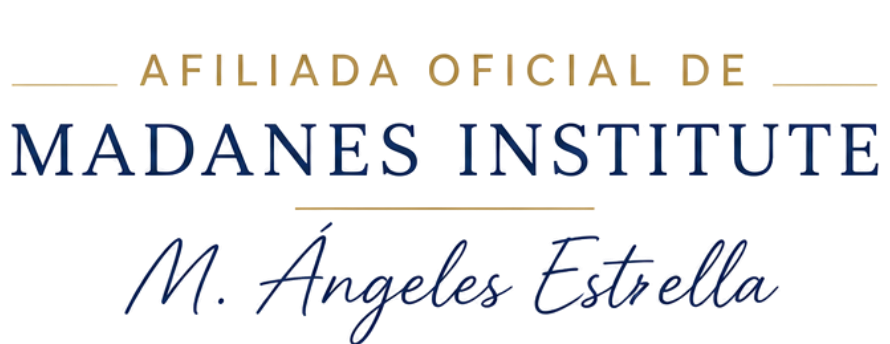 Official affiliate badge for Madanes Institute, featuring blue uppercase 'MADANES INSTITUTE' and gold accents with the script name 'M. Ángeles Estrella'.